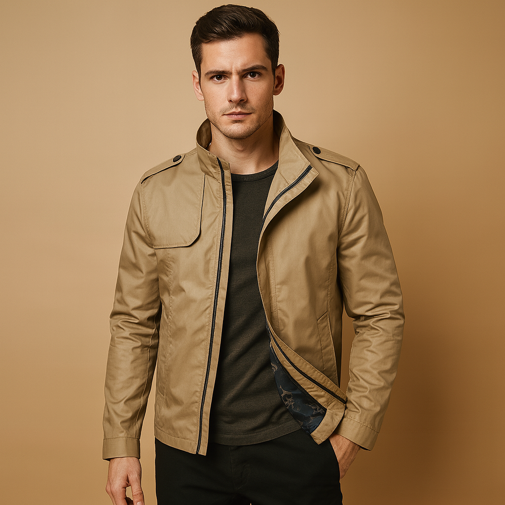 Men’s lightweight summer jacket with stand collar and pockets, designed for casual and formal wear during warm days.