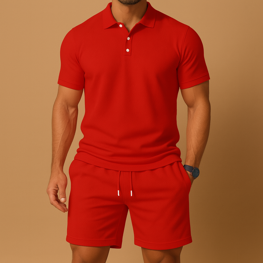 Men’s summer polo set with solid-color shirt, drawstring detail, and relaxed fit. Breathable and stylish, ideal for sports, leisure, and summer days.