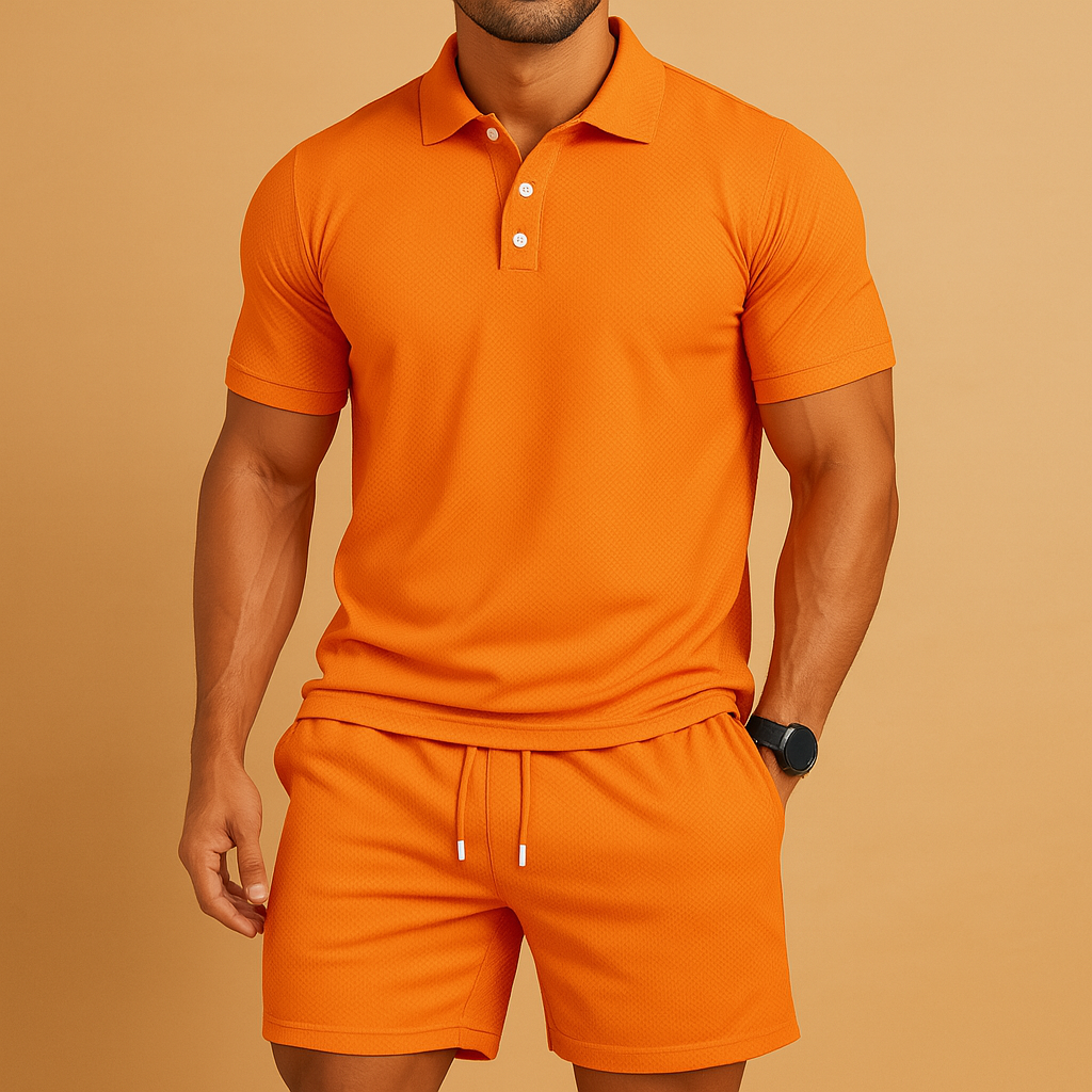 Men’s summer polo set with solid-color shirt, drawstring detail, and relaxed fit. Breathable and stylish, ideal for sports, leisure, and summer days.