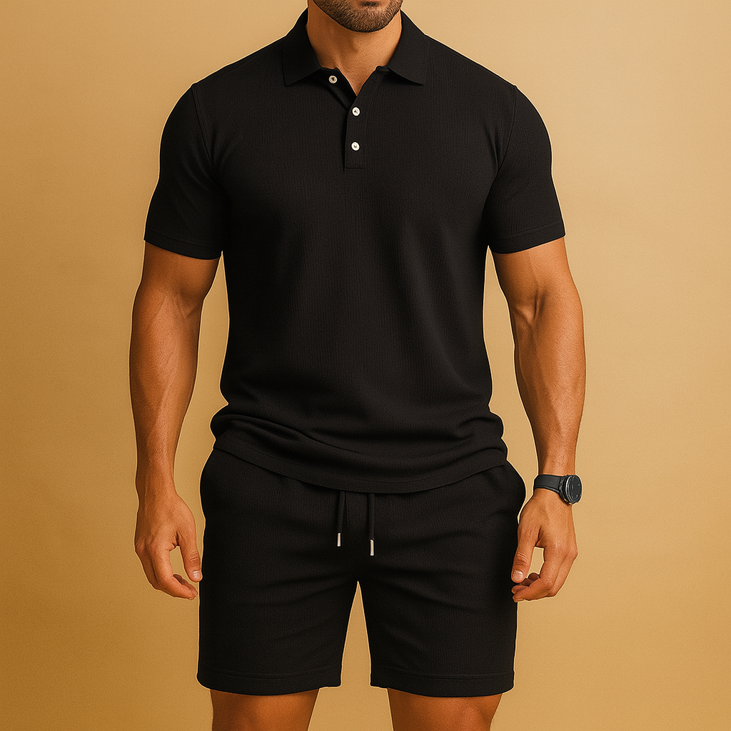 Men’s summer polo set with solid-color shirt, drawstring detail, and relaxed fit. Breathable and stylish, ideal for sports, leisure, and summer days.