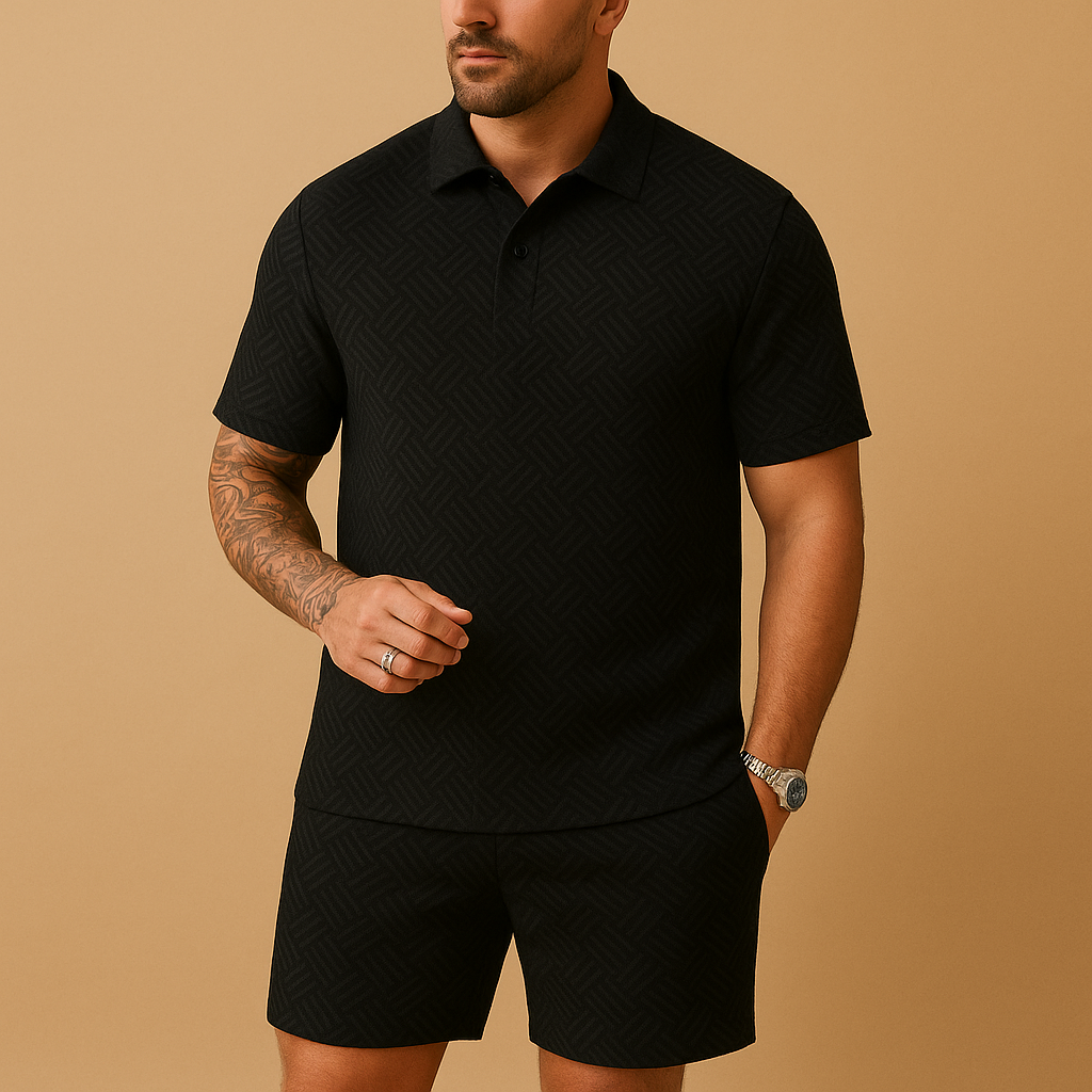Summer set for men with polo shirt and matching shorts in breathable fabric. Ideal for beach, vacation, and casual summer outfits.