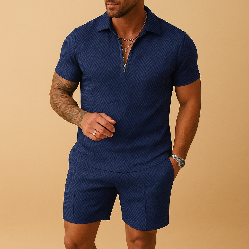 Summer set for men with polo shirt and matching shorts in breathable fabric. Ideal for beach, vacation, and casual summer outfits.