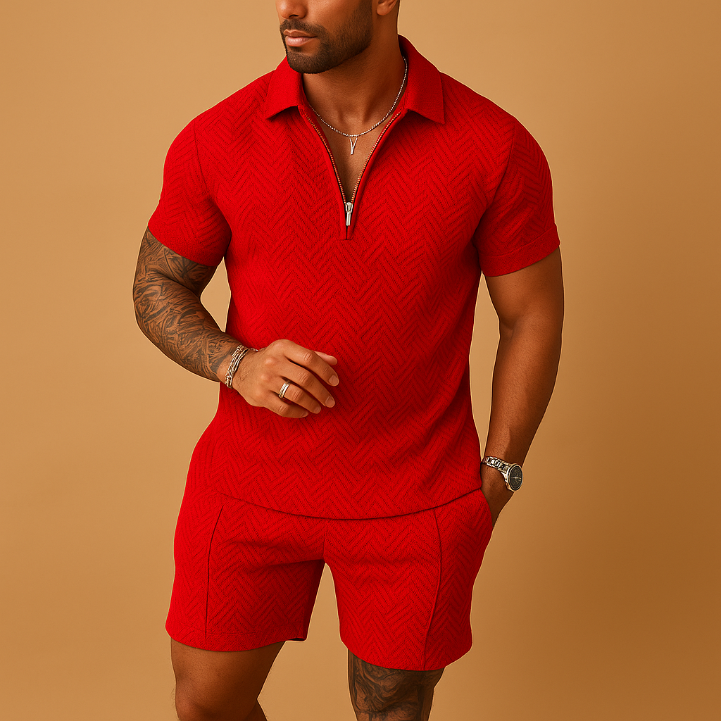 Summer set for men with polo shirt and matching shorts in breathable fabric. Ideal for beach, vacation, and casual summer outfits.