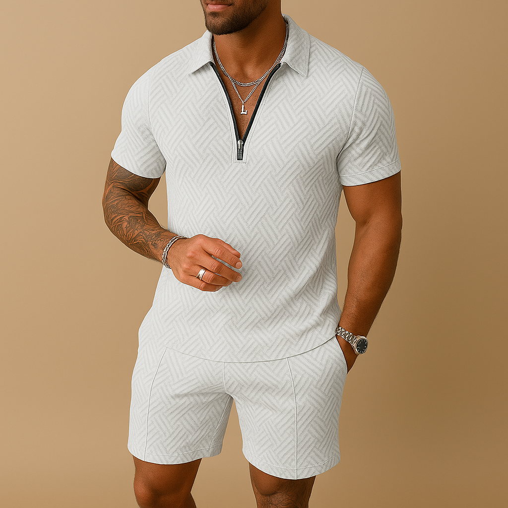 Summer set for men with polo shirt and matching shorts in breathable fabric. Ideal for beach, vacation, and casual summer outfits.