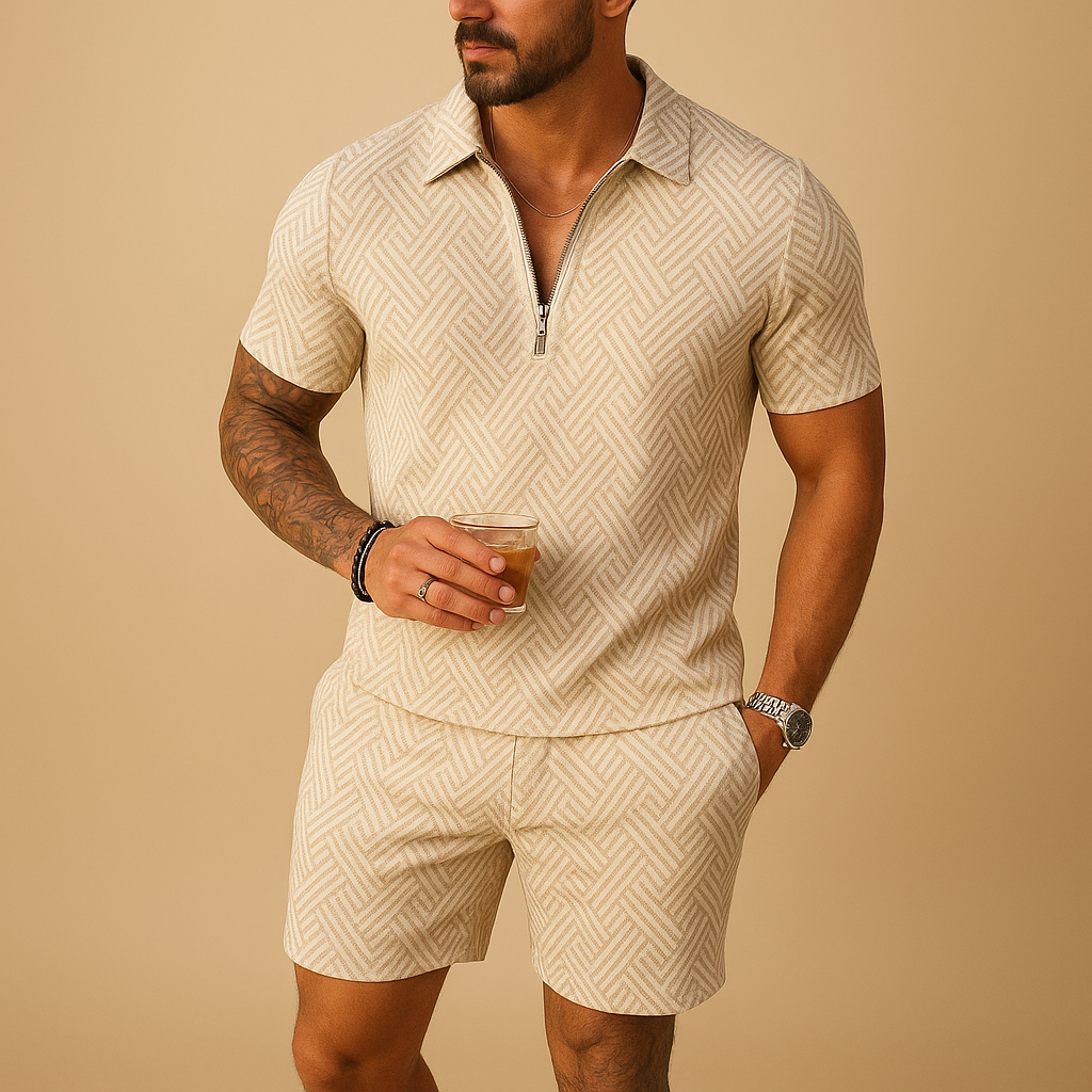Summer set for men with polo shirt and matching shorts in breathable fabric. Ideal for beach, vacation, and casual summer outfits.