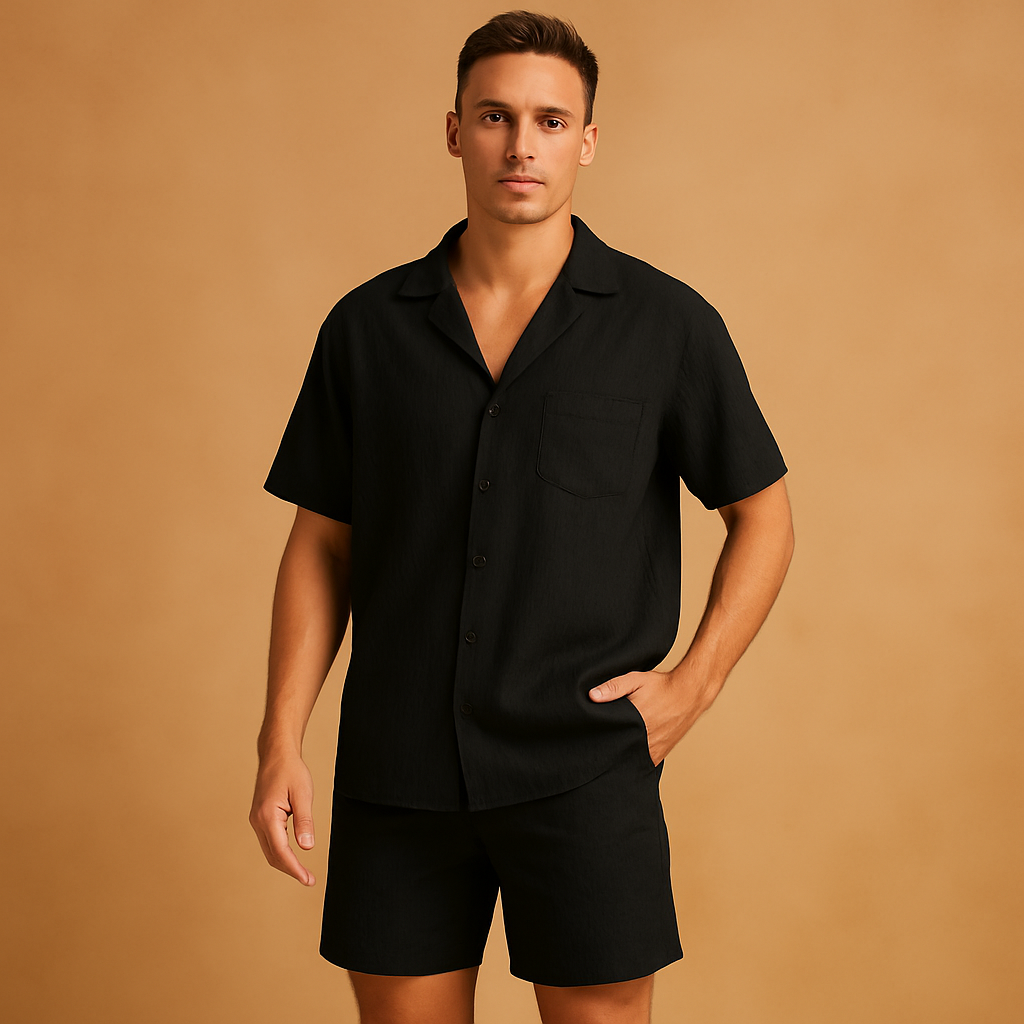 Men’s summer set with V-neck shirt and lapel collar, paired with elastic shorts. Relaxed fit, lightweight, perfect for casual wear and warm days.