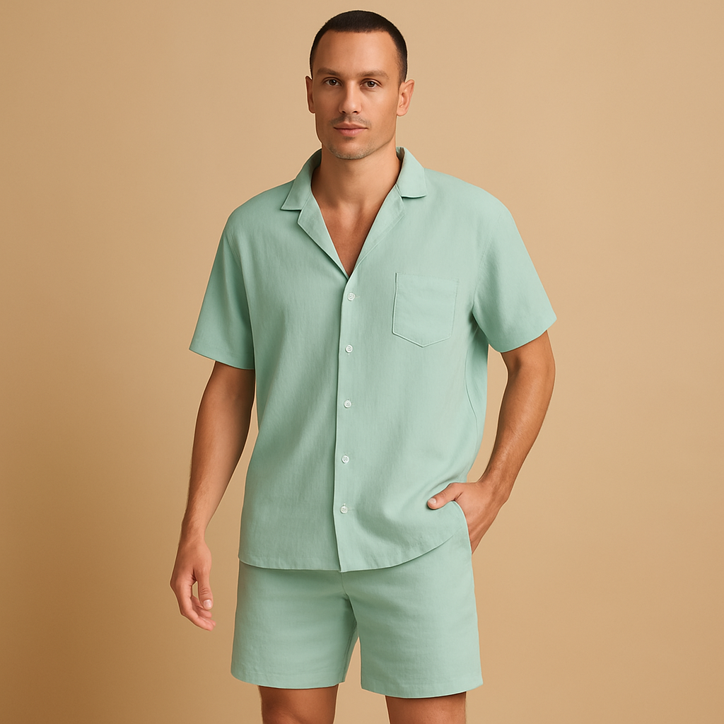 Men’s summer set with V-neck shirt and lapel collar, paired with elastic shorts. Relaxed fit, lightweight, perfect for casual wear and warm days.