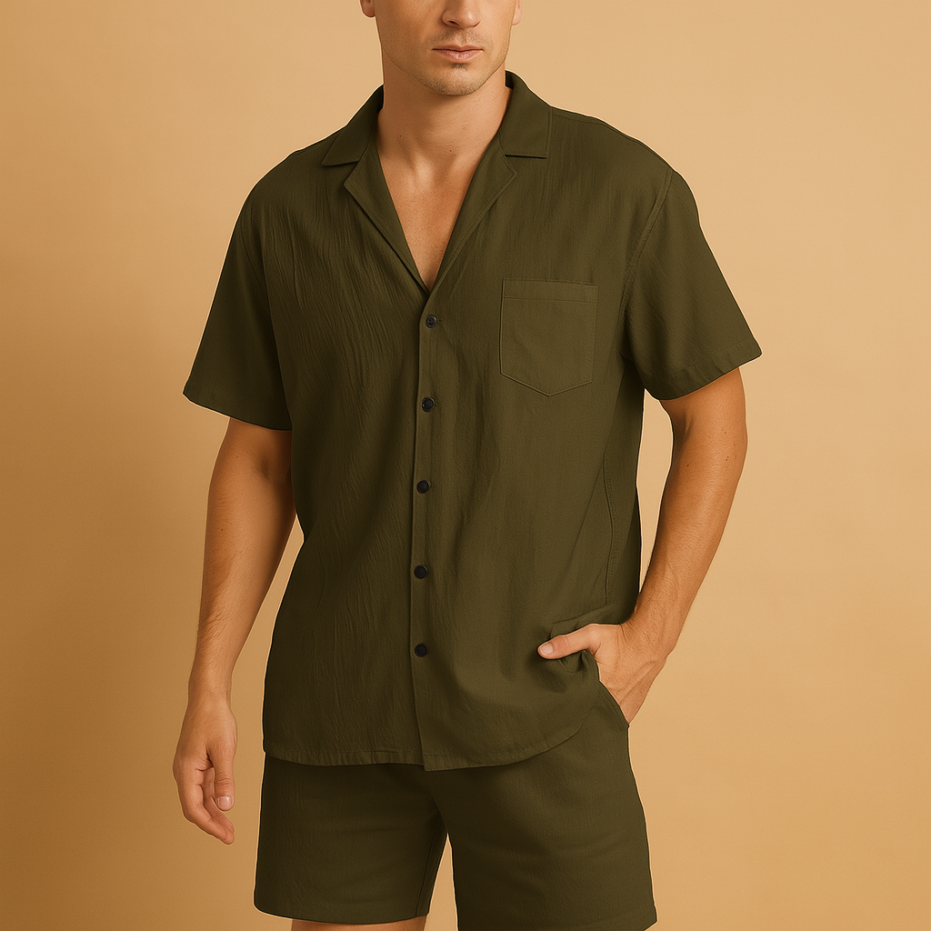 Men’s summer set with V-neck shirt and lapel collar, paired with elastic shorts. Relaxed fit, lightweight, perfect for casual wear and warm days.