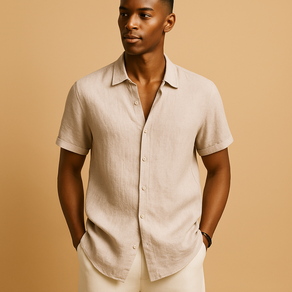 Men’s casual short sleeve summer shirt with classic collar, solid design, and button details. Perfect for vacations, beach walks, or casual outings.