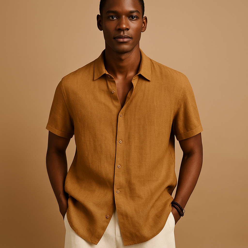 Men’s casual short sleeve summer shirt with classic collar, solid design, and button details. Perfect for vacations, beach walks, or casual outings.