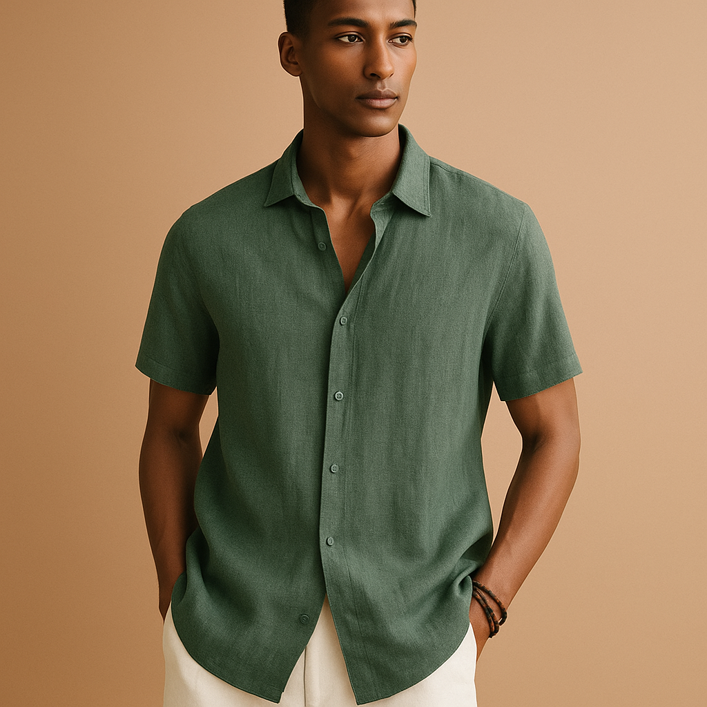 Men’s casual short sleeve summer shirt with classic collar, solid design, and button details. Perfect for vacations, beach walks, or casual outings.