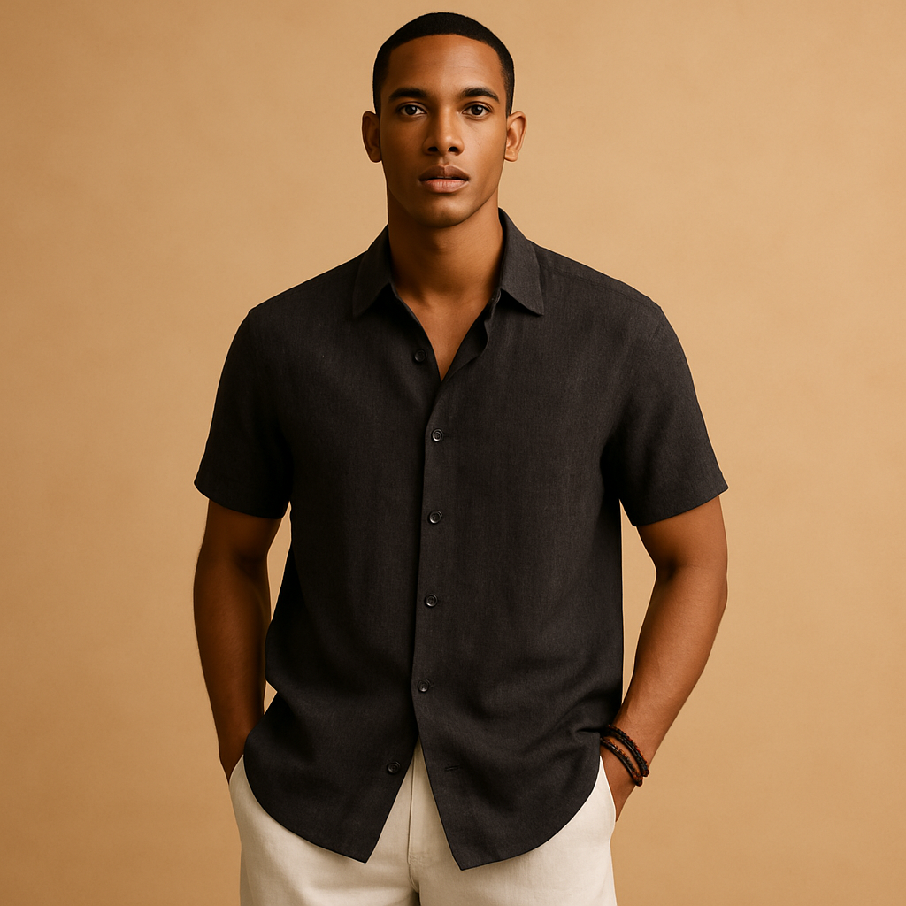 Men’s casual short sleeve summer shirt with classic collar, solid design, and button details. Perfect for vacations, beach walks, or casual outings.