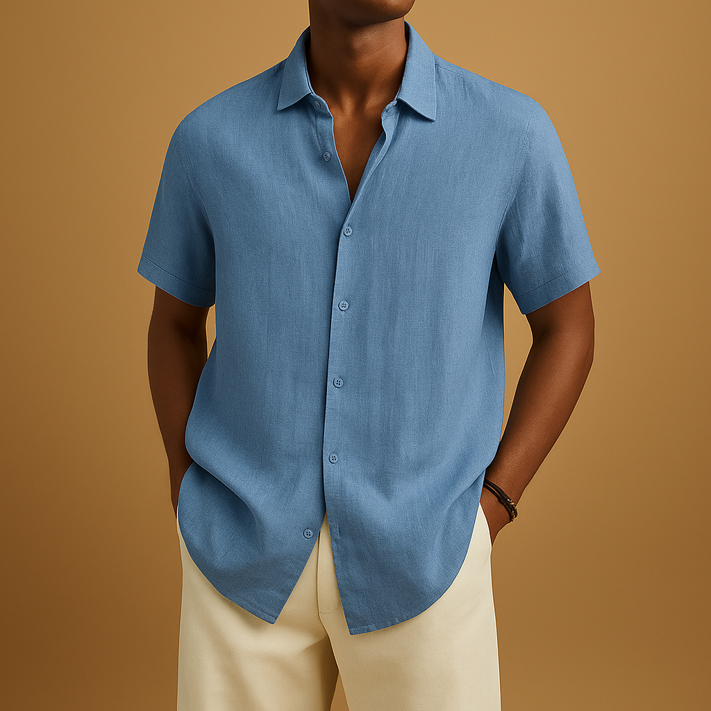 Men’s casual short sleeve summer shirt with classic collar, solid design, and button details. Perfect for vacations, beach walks, or casual outings.
