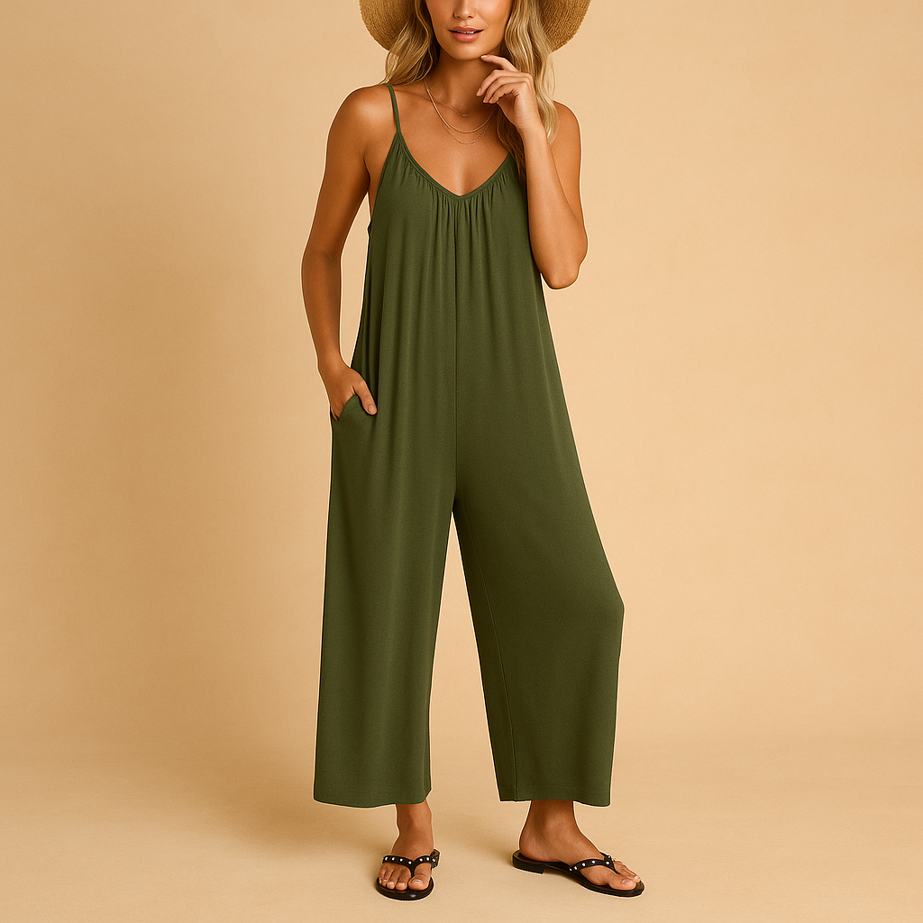 Women’s summer sleeveless jumpsuit with adjustable straps, elastic waist, and lightweight fabric. Perfect for vacations, summer days, and parties.