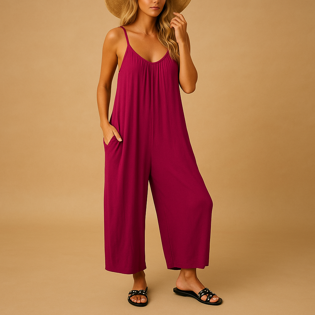 Women’s summer sleeveless jumpsuit with adjustable straps, elastic waist, and lightweight fabric. Perfect for vacations, summer days, and parties.