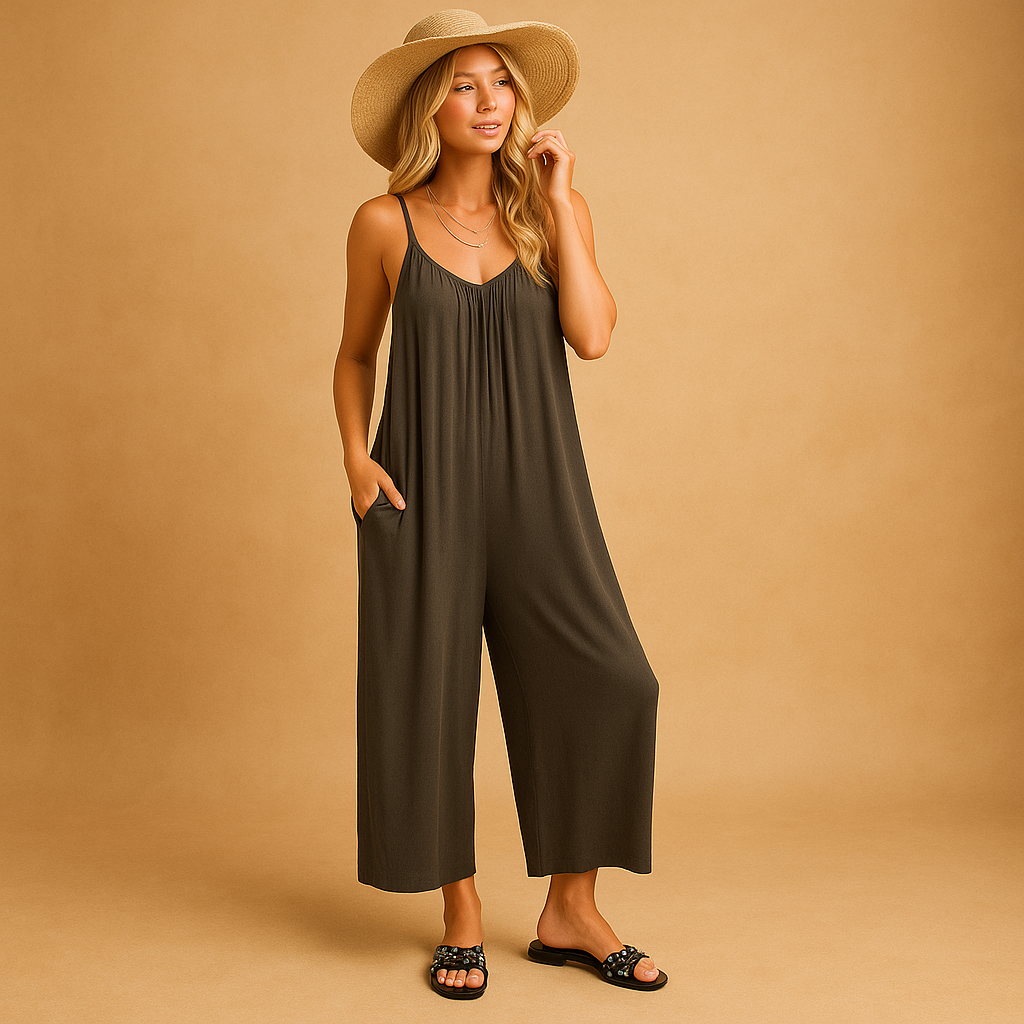 Women’s summer sleeveless jumpsuit with adjustable straps, elastic waist, and lightweight fabric. Perfect for vacations, summer days, and parties.