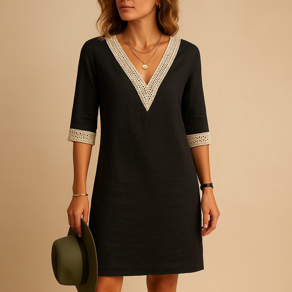 Women’s summer V-neck dress with lace accents, relaxed fit, and three-quarter sleeves. Perfect for beach outings, city strolls, and summer gatherings.