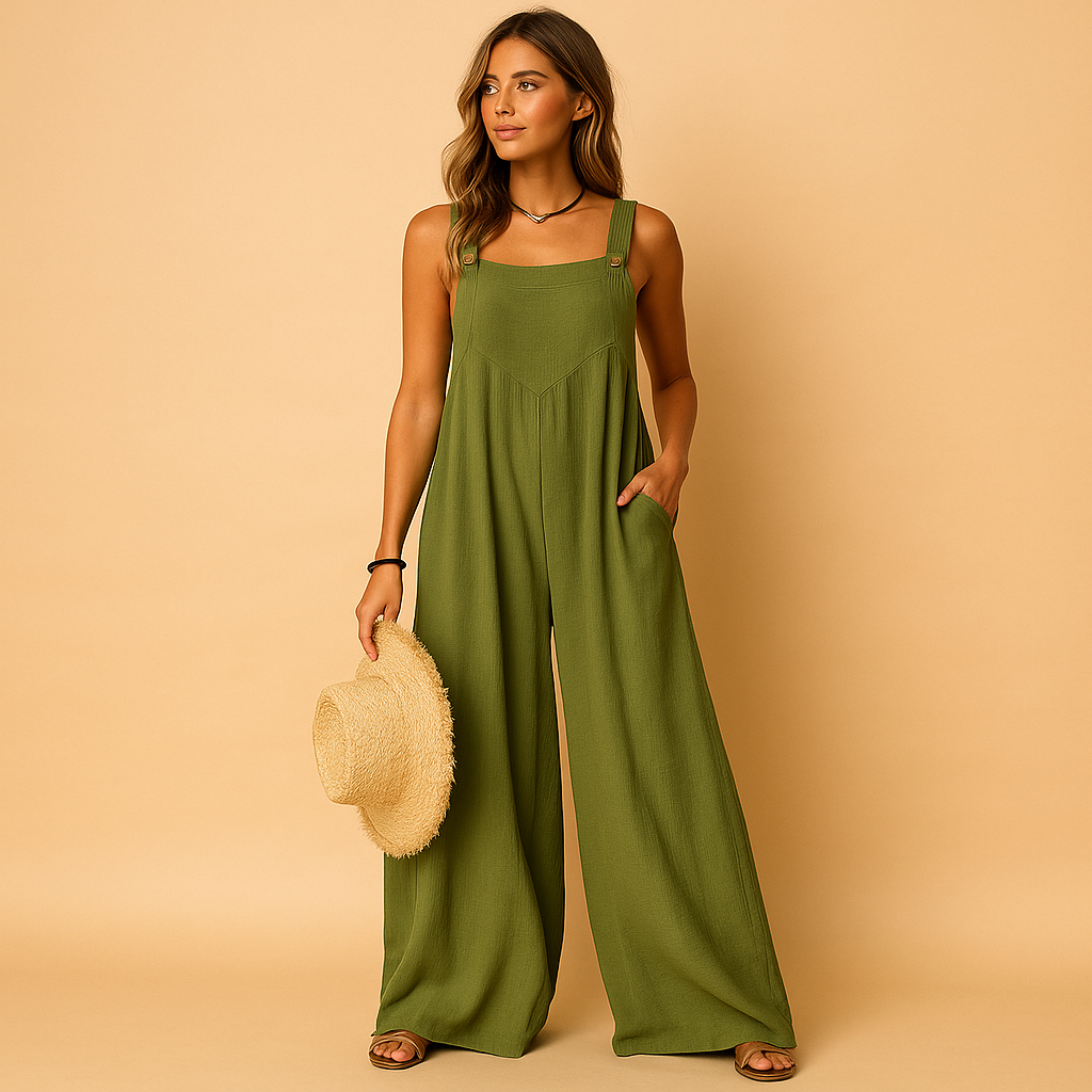 Women’s summer jumpsuit with high waist, wide legs, and button details. Lightweight and breathable design, perfect for casual or evening looks.