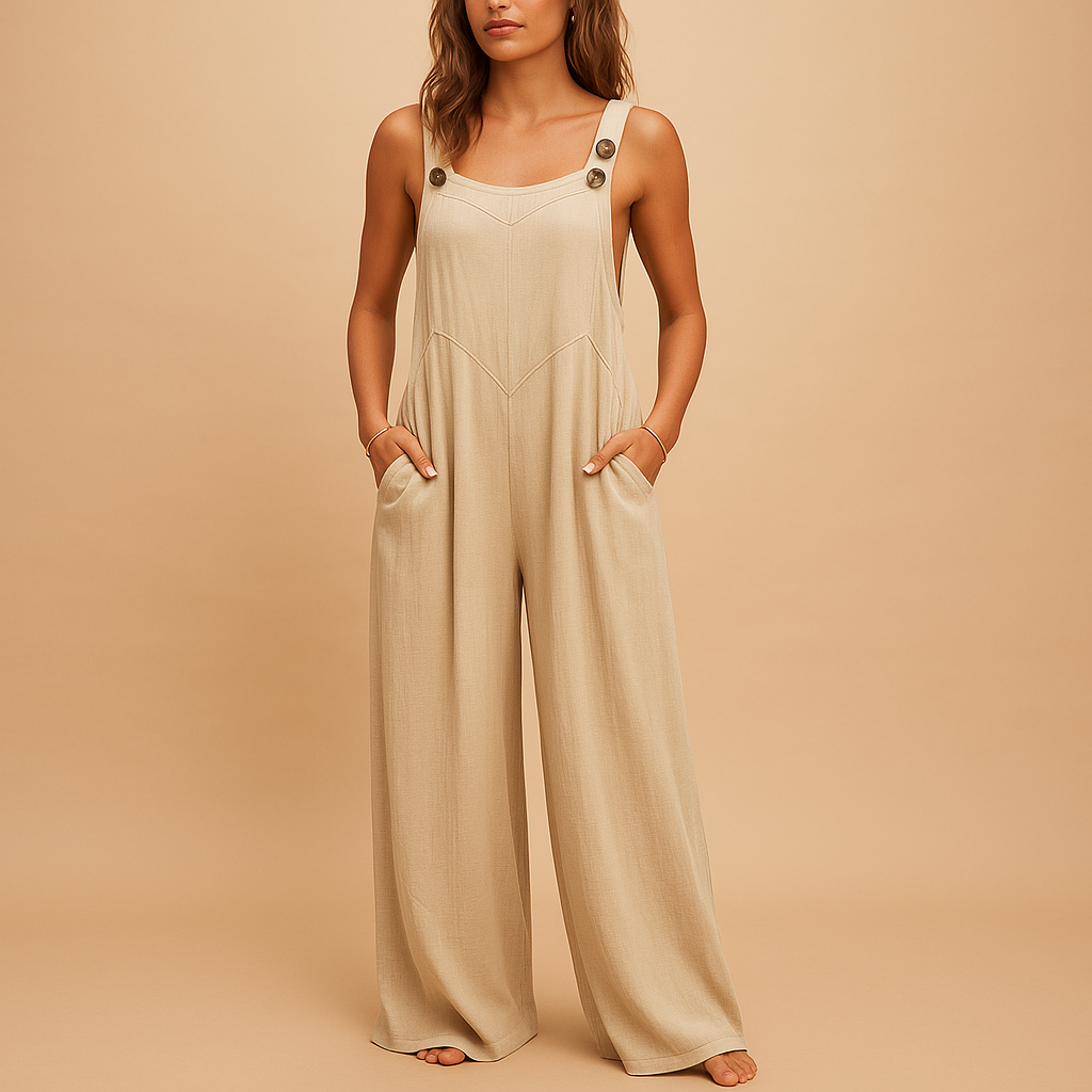 Women’s summer jumpsuit with high waist, wide legs, and button details. Lightweight and breathable design, perfect for casual or evening looks.