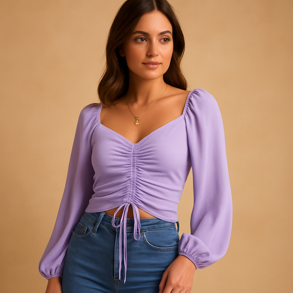 Women’s sweetheart neckline blouse with tie detail in soft, breathable fabric — elegant, feminine, and perfect for any occasion.