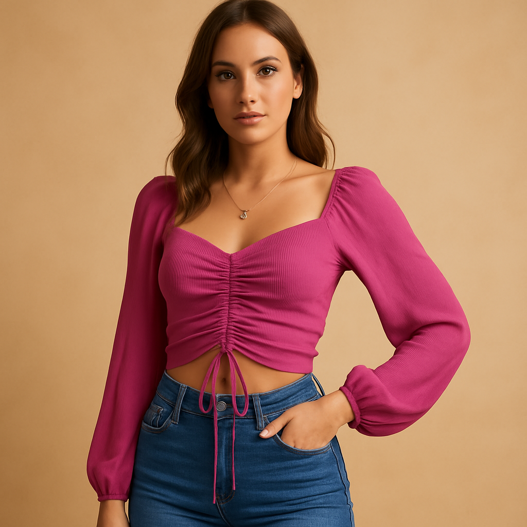 Women’s sweetheart neckline blouse with tie detail in soft, breathable fabric — elegant, feminine, and perfect for any occasion.