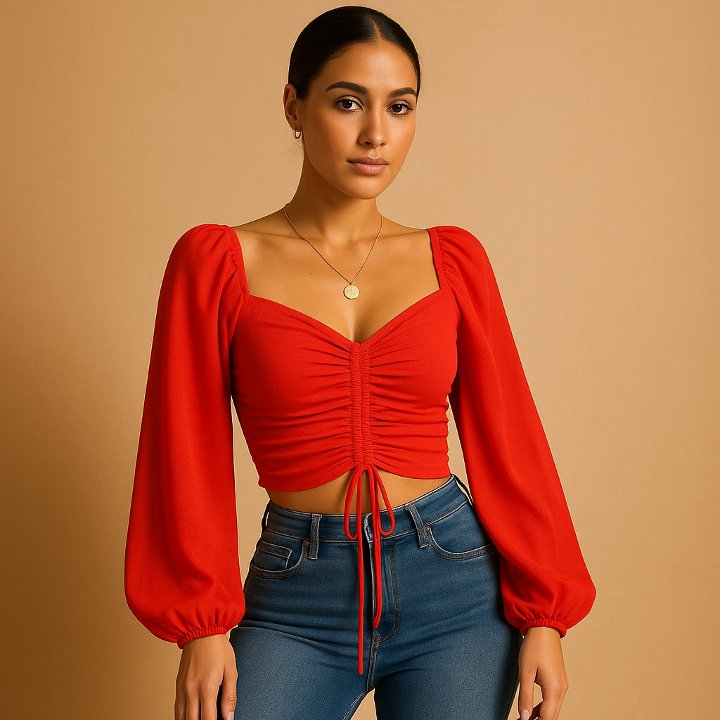Women’s sweetheart neckline blouse with tie detail in soft, breathable fabric — elegant, feminine, and perfect for any occasion.