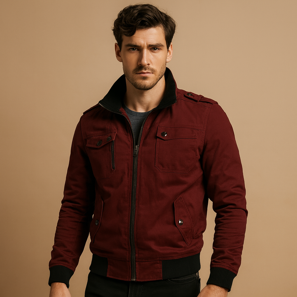 Men’s tactical bomber jacket with high collar, ribbed cuffs, and multiple pockets, rugged design with epaulettes for outdoor and everyday wear.