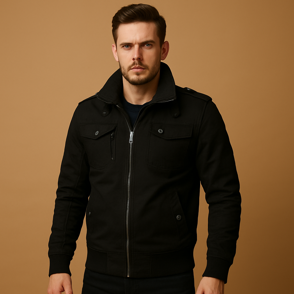 Men’s tactical bomber jacket with high collar, ribbed cuffs, and multiple pockets, rugged design with epaulettes for outdoor and everyday wear.