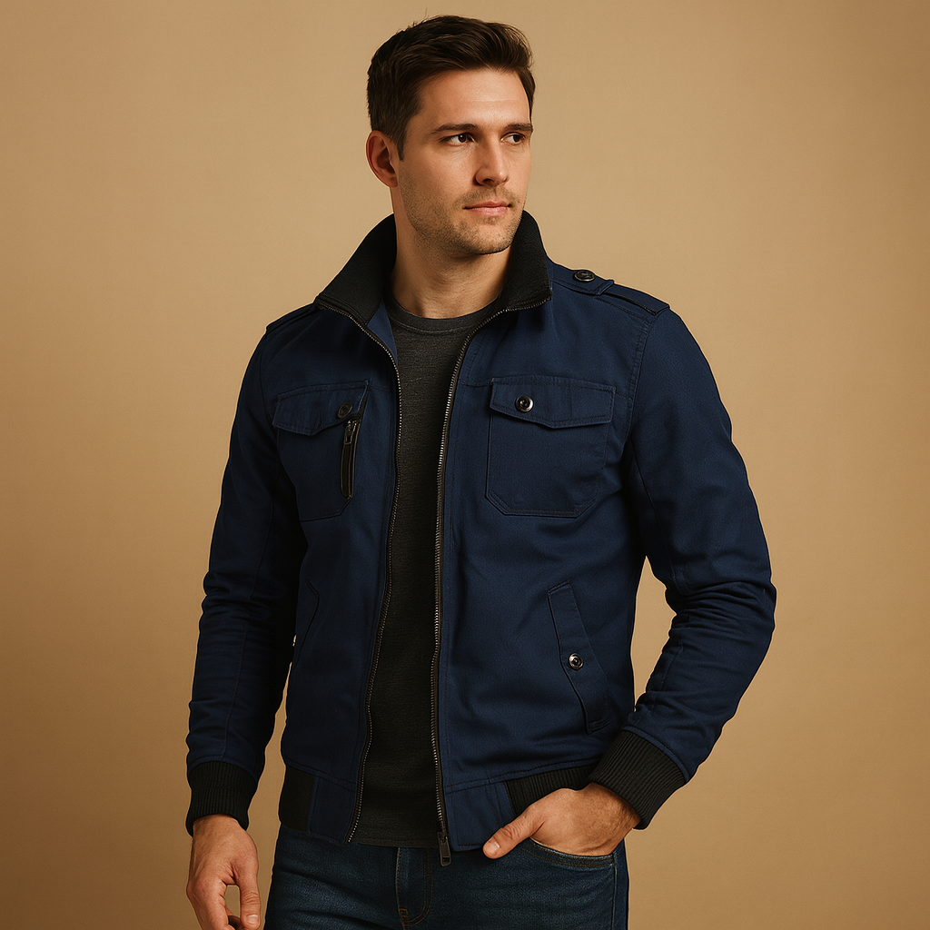 Men’s tactical bomber jacket with high collar, ribbed cuffs, and multiple pockets, rugged design with epaulettes for outdoor and everyday wear.