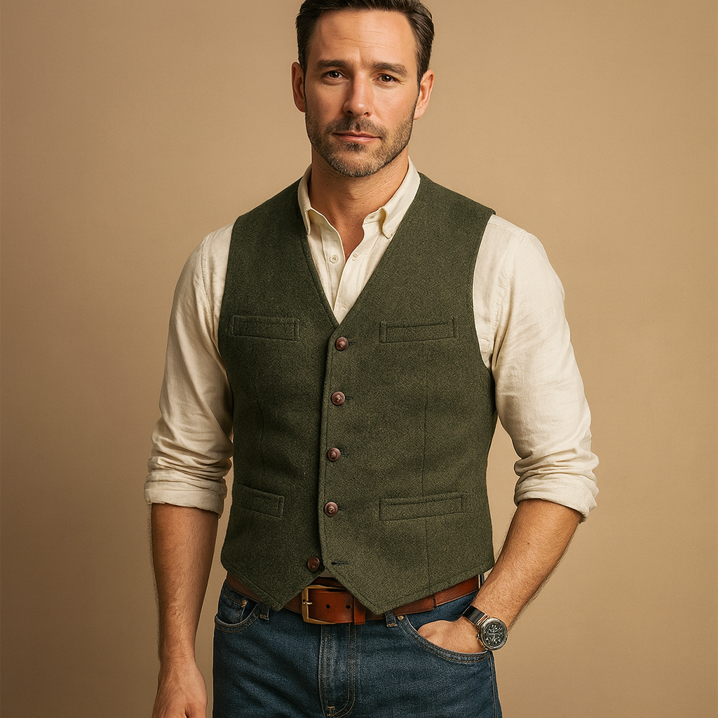 Men’s tailored button vest with adjustable fit and practical pockets, perfect for formal events or casual layered autumn and winter outfits.