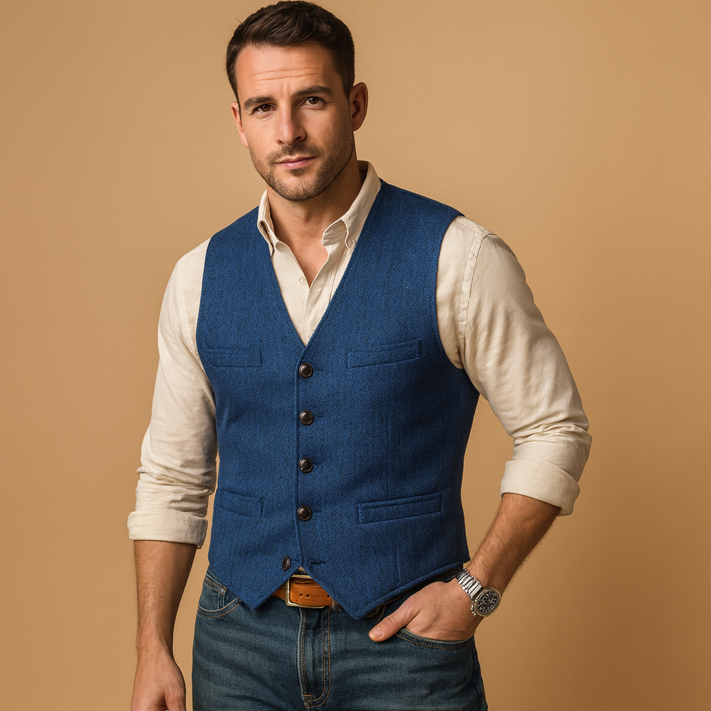Men’s tailored button vest with adjustable fit and practical pockets, perfect for formal events or casual layered autumn and winter outfits.