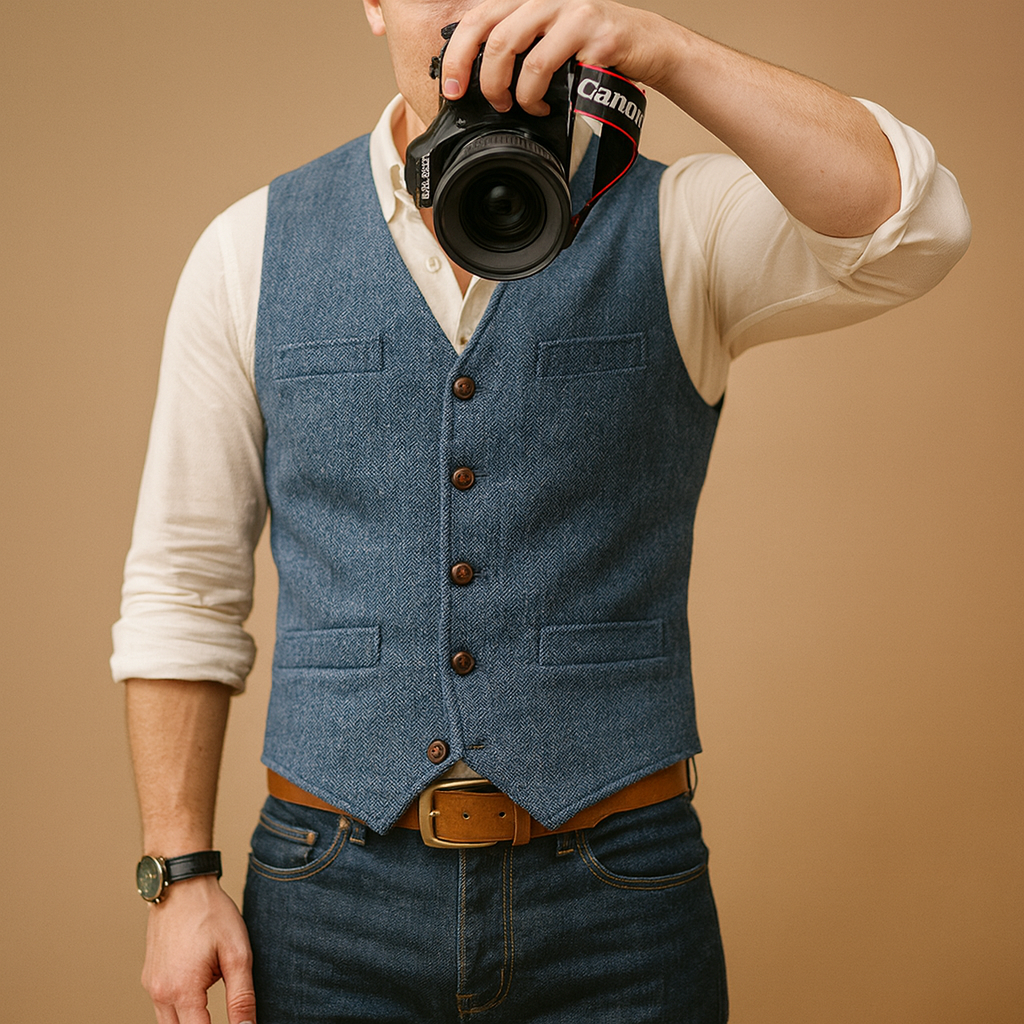 Men’s tailored button vest with adjustable fit and practical pockets, perfect for formal events or casual layered autumn and winter outfits.