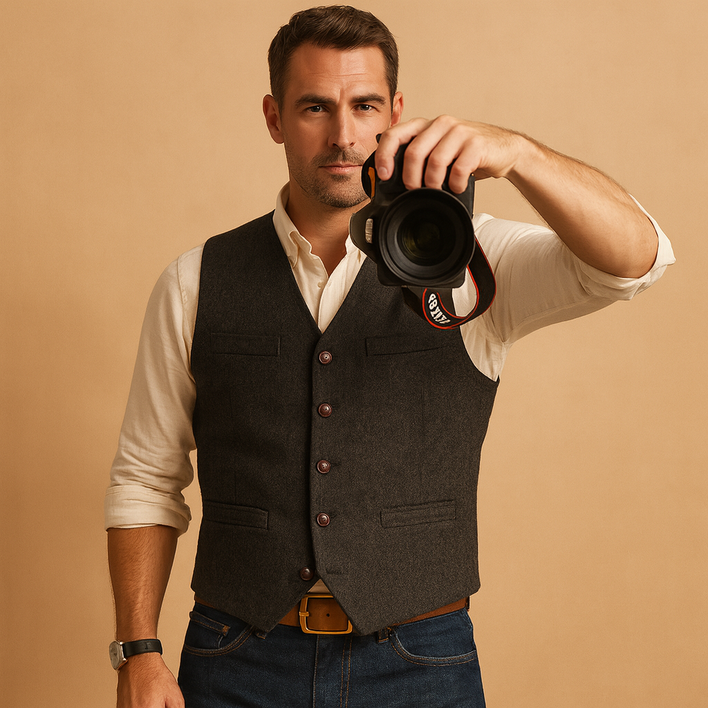 Men’s tailored button vest with adjustable fit and practical pockets, perfect for formal events or casual layered autumn and winter outfits.
