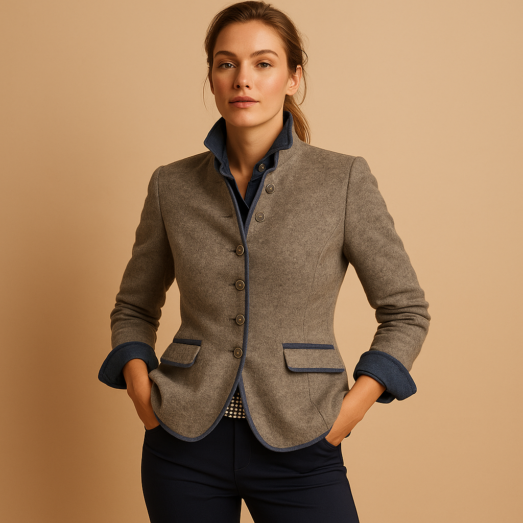 Women’s tailored elegant coat in light brown with structured design and comfortable fit, perfect for work, business meetings, or chic evening outfits.