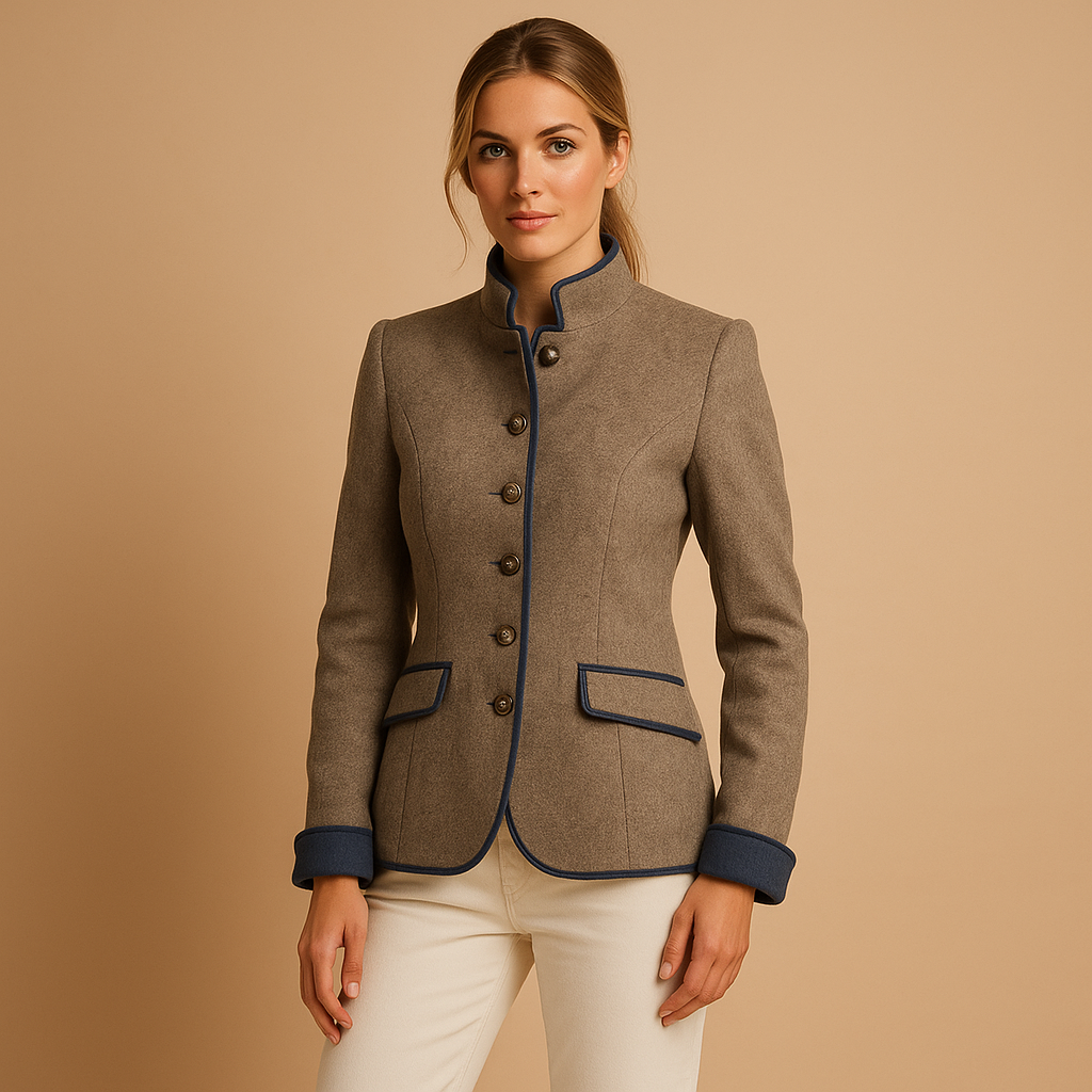 Women’s tailored elegant coat in light brown with structured design and comfortable fit, perfect for work, business meetings, or chic evening outfits.