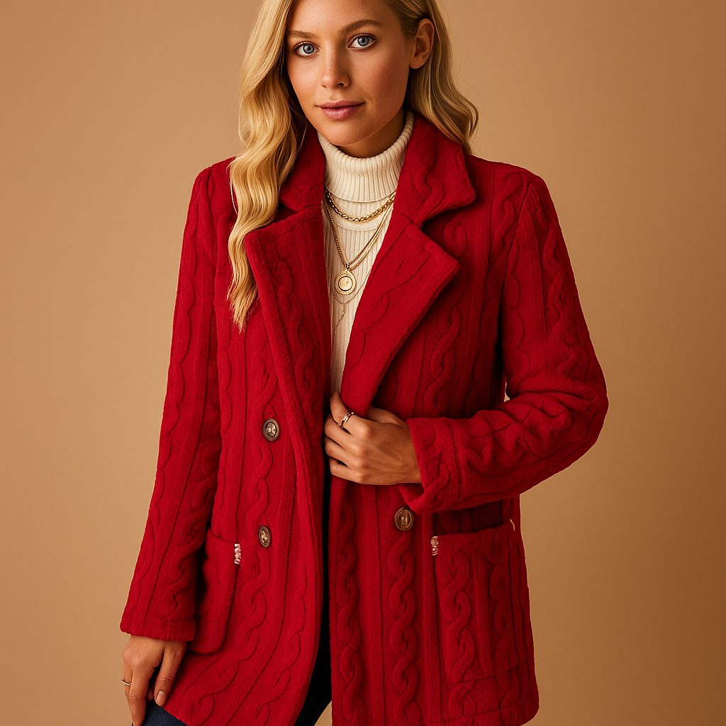 Tailored elegant winter coat for women with structured fit, timeless design, and chic style, available in apricot, black, red, and white.