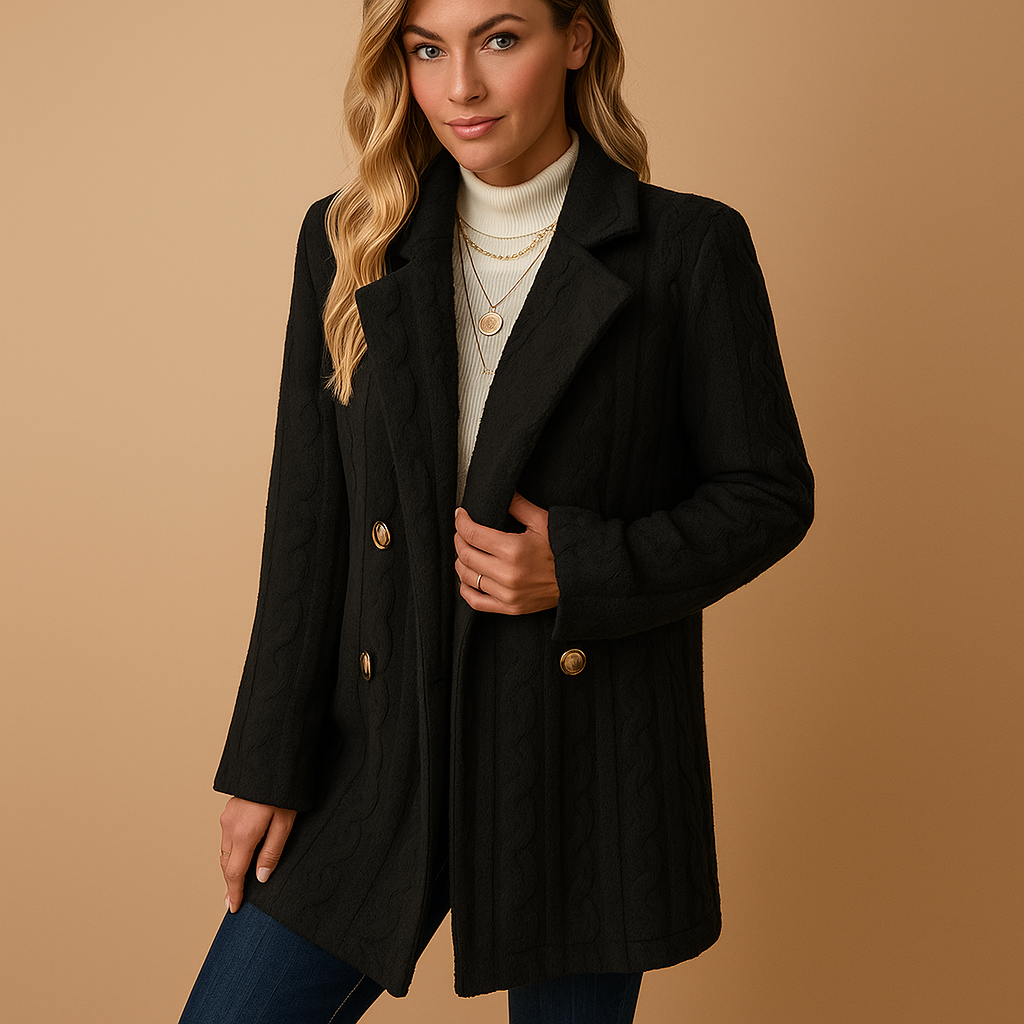Tailored elegant winter coat for women with structured fit, timeless design, and chic style, available in apricot, black, red, and white.
