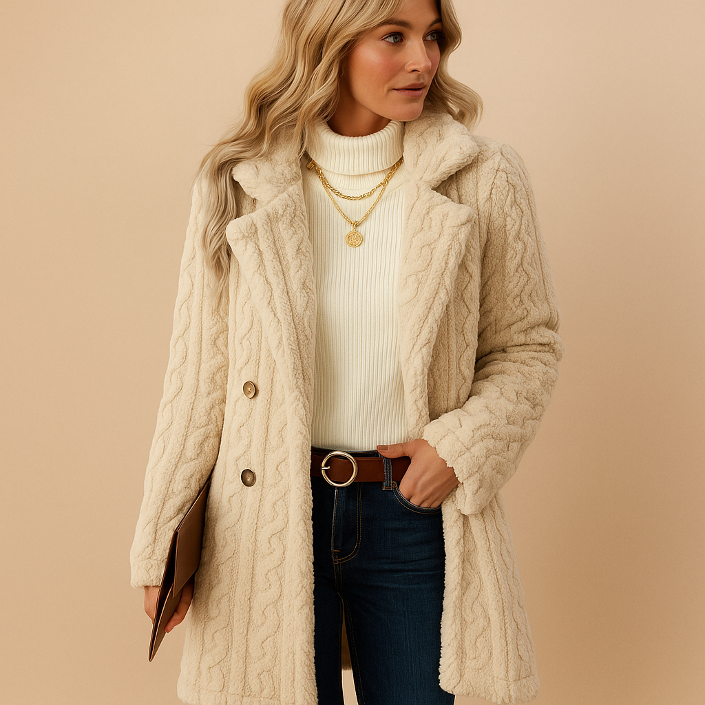 Tailored elegant winter coat for women with structured fit, timeless design, and chic style, available in apricot, black, red, and white.