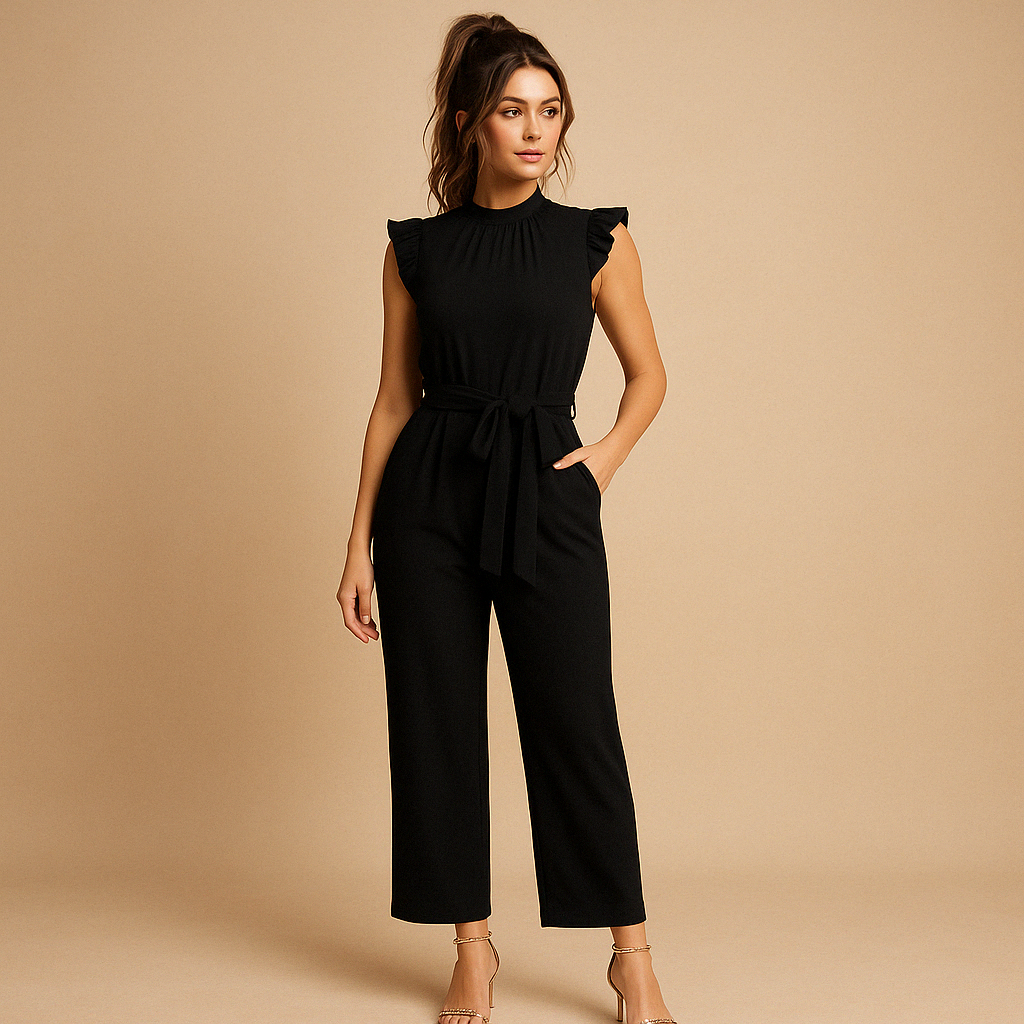 Women’s tailored jumpsuit with high round neckline, cap sleeves, and matching belt. A chic and elegant outfit for parties, dinners, or formal occasions.