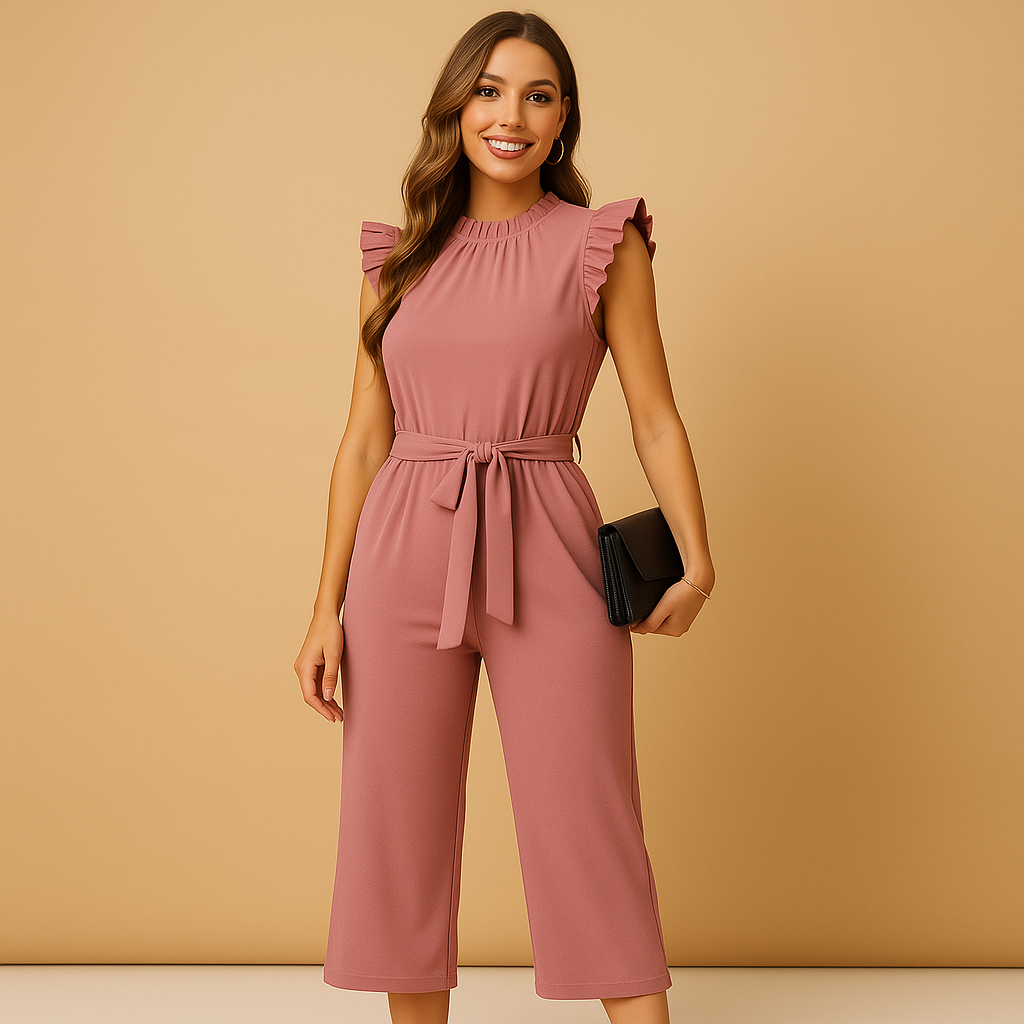 Women’s tailored jumpsuit with high round neckline, cap sleeves, and matching belt. A chic and elegant outfit for parties, dinners, or formal occasions.