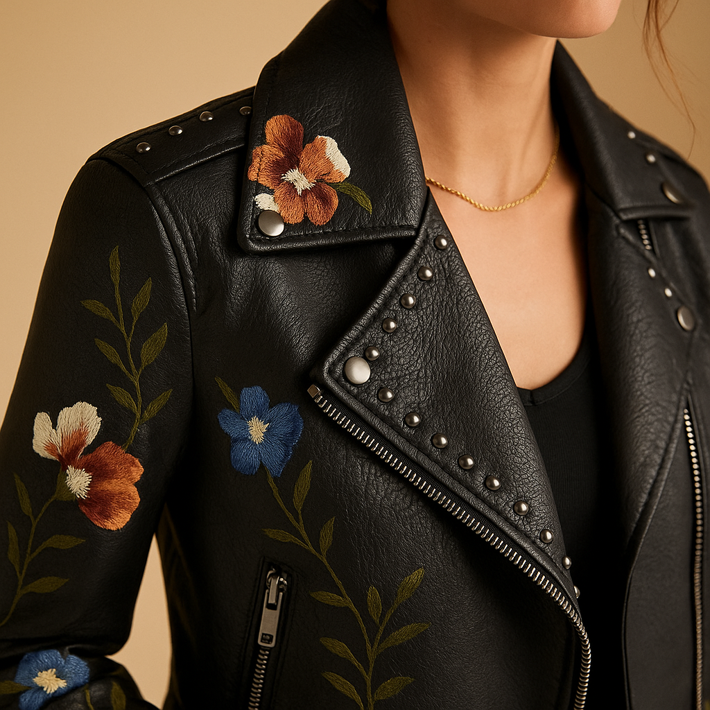 Women’s tailored leather jacket in black or beige with slim fit and zippered pockets, perfect for casual and chic outfits in cool weather.