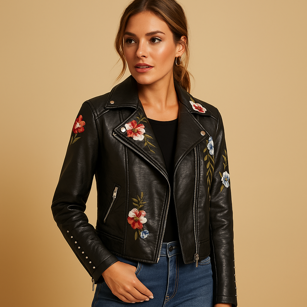 Women’s tailored leather jacket in black or beige with slim fit and zippered pockets, perfect for casual and chic outfits in cool weather.