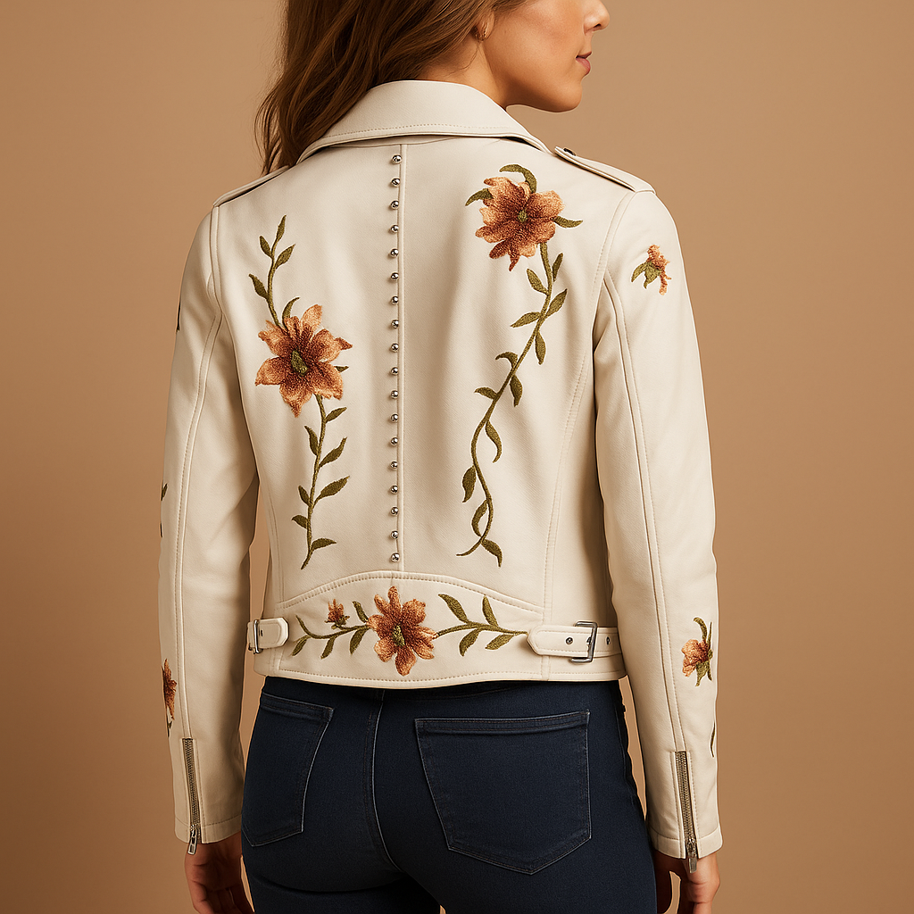 Women’s tailored leather jacket in black or beige with slim fit and zippered pockets, perfect for casual and chic outfits in cool weather.