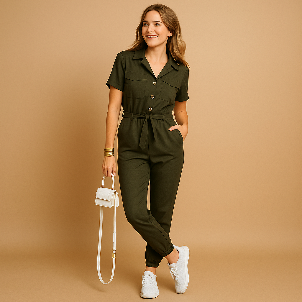 Women’s tailored jumpsuit with v-neckline and cargo pockets in beige or olive green. Perfect for casual wear or chic occasions.