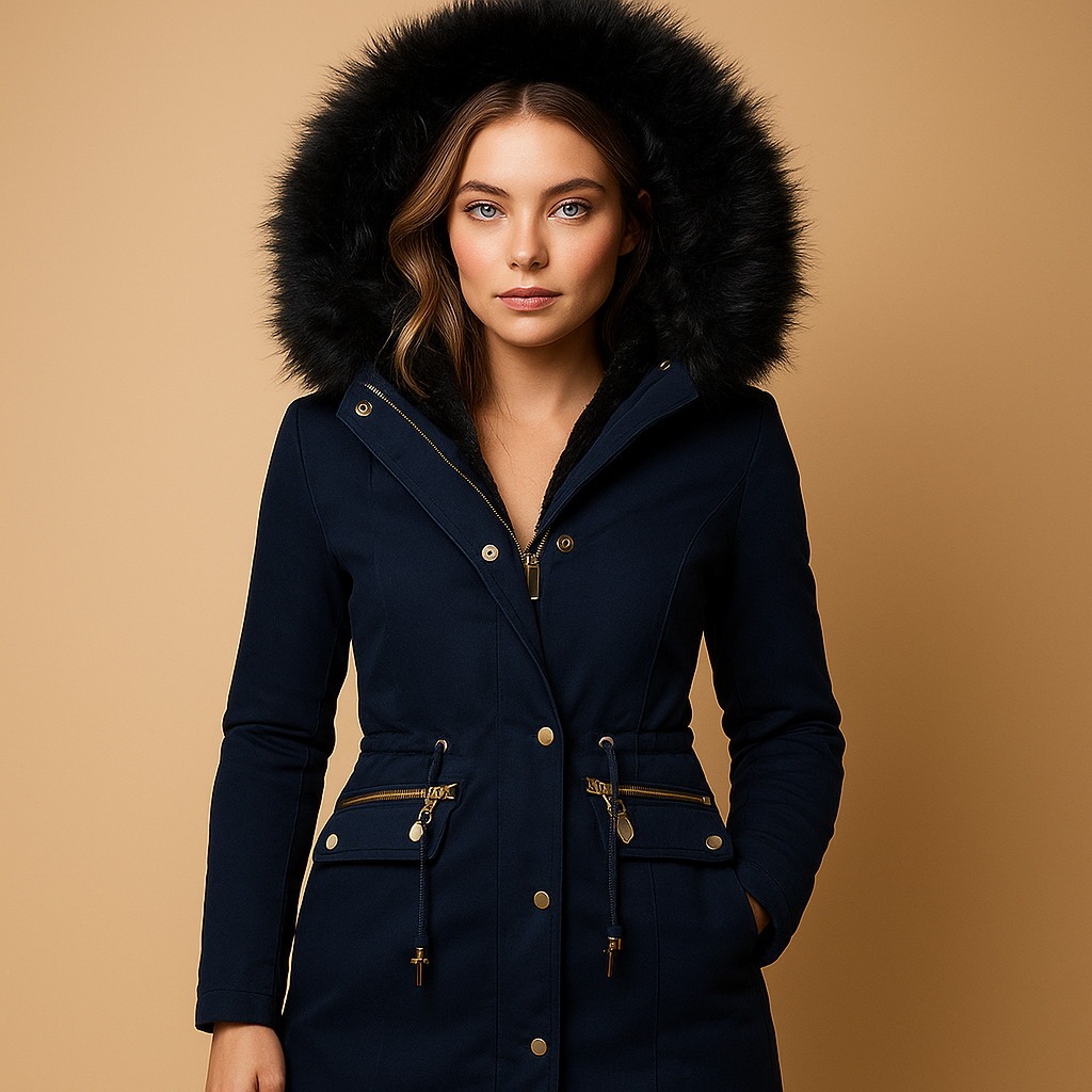 Thermal winter coat for women with faux fur hood, adjustable cord, and insulated fabric, designed for warmth, outdoor use, and chic winter looks.
