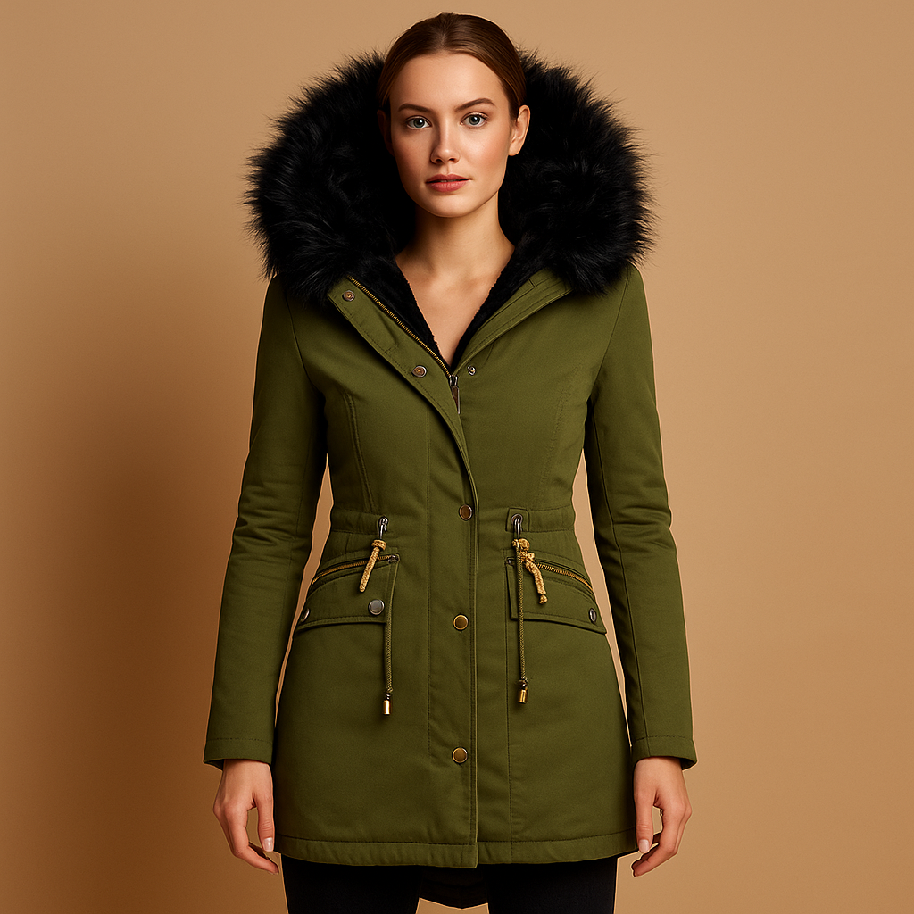 Thermal winter coat for women with faux fur hood, adjustable cord, and insulated fabric, designed for warmth, outdoor use, and chic winter looks.