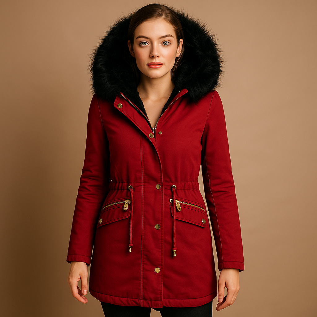 Thermal winter coat for women with faux fur hood, adjustable cord, and insulated fabric, designed for warmth, outdoor use, and chic winter looks.