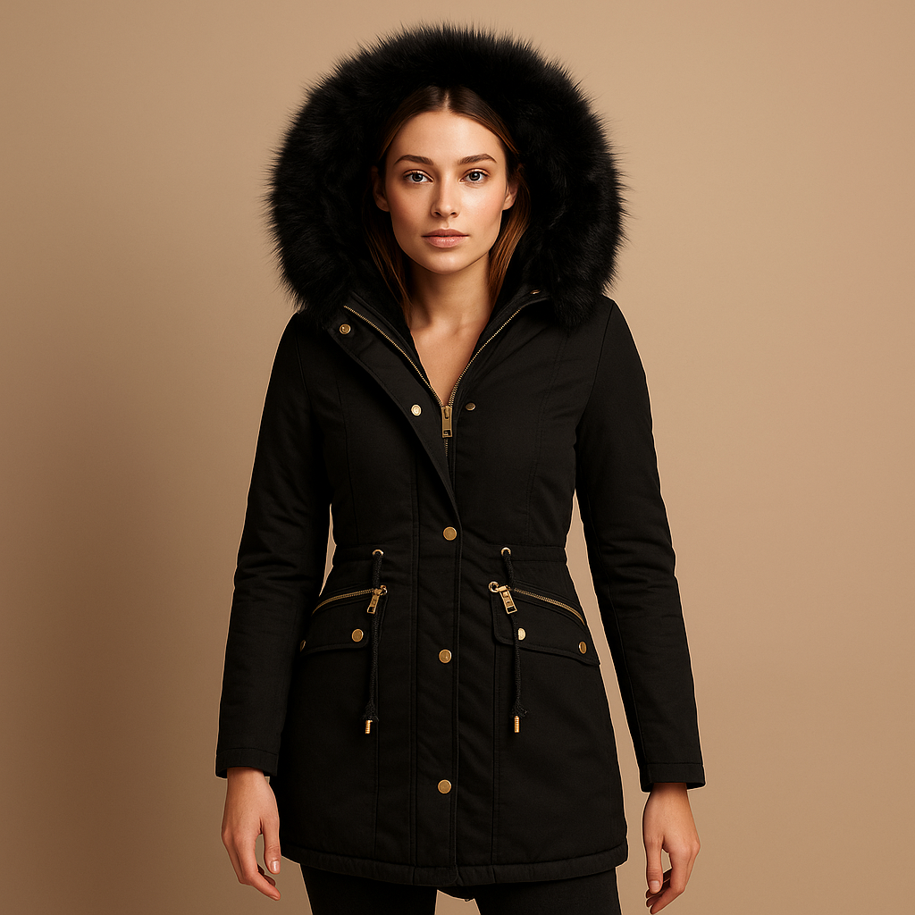 Thermal winter coat for women with faux fur hood, adjustable cord, and insulated fabric, designed for warmth, outdoor use, and chic winter looks.