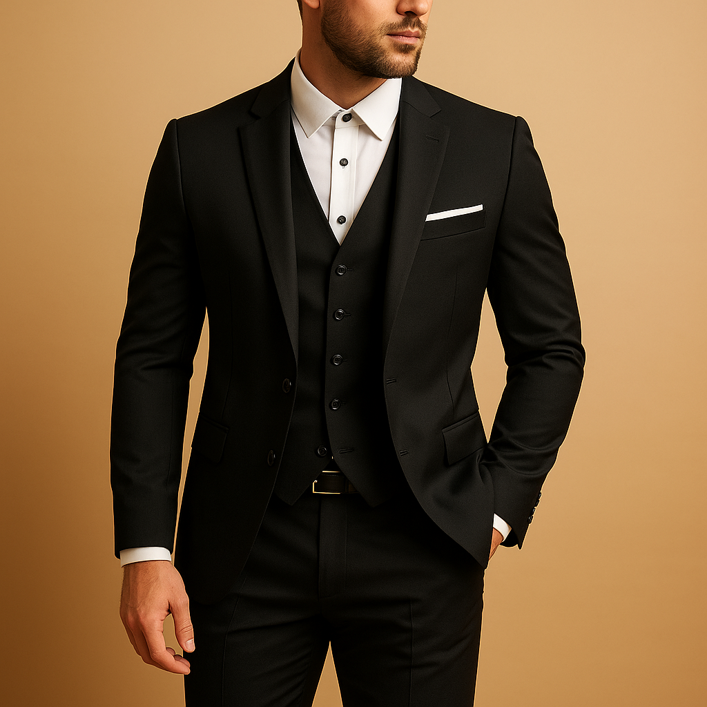 Three-piece slim fit suit for men with blazer, waistcoat, and trousers in a modern cut. Perfect for weddings, business, and formal occasions.