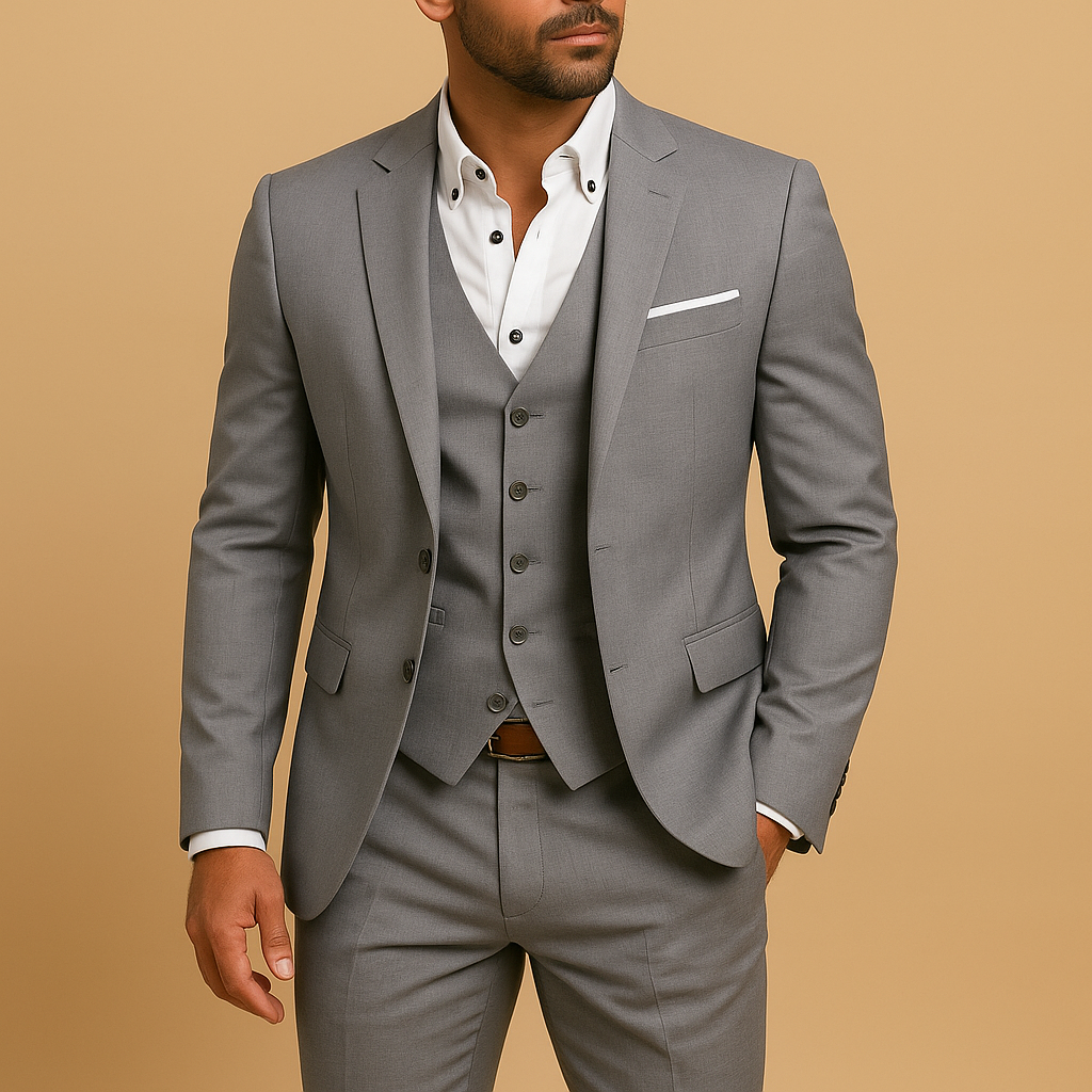 Three-piece slim fit suit for men with blazer, waistcoat, and trousers in a modern cut. Perfect for weddings, business, and formal occasions.